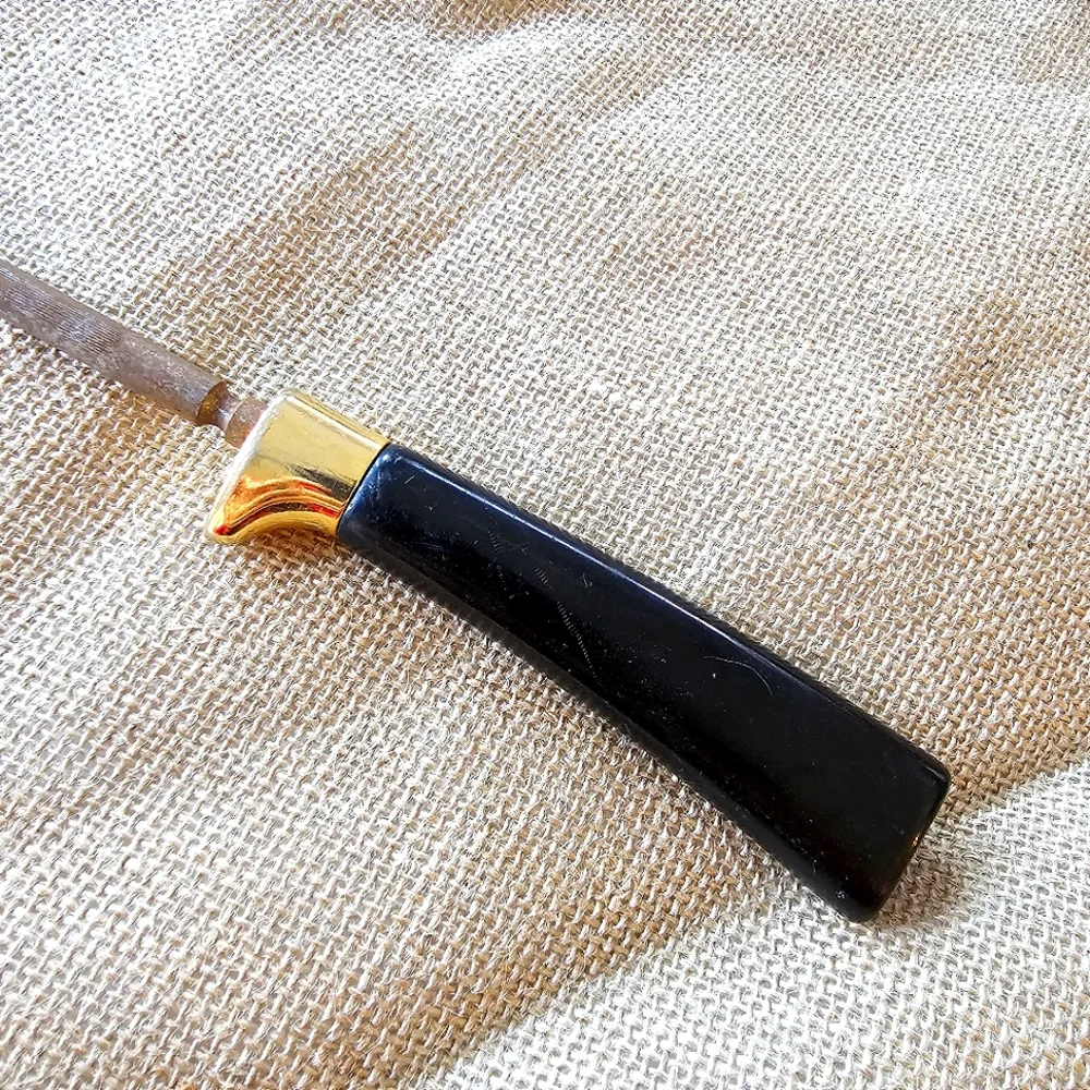 Vintage Knife Sharpening Steel Rod Black Handle Gold Guard Honing Tool